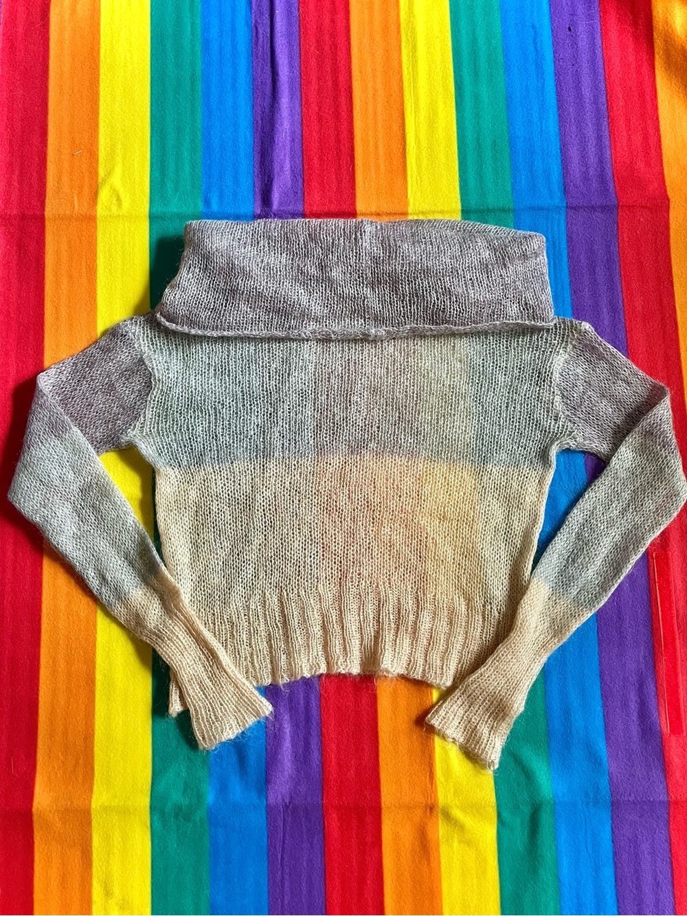 Anthropologie Wide Collar Open-Knit Sweater Off Shoulder, Mohair, Purple & Grey
